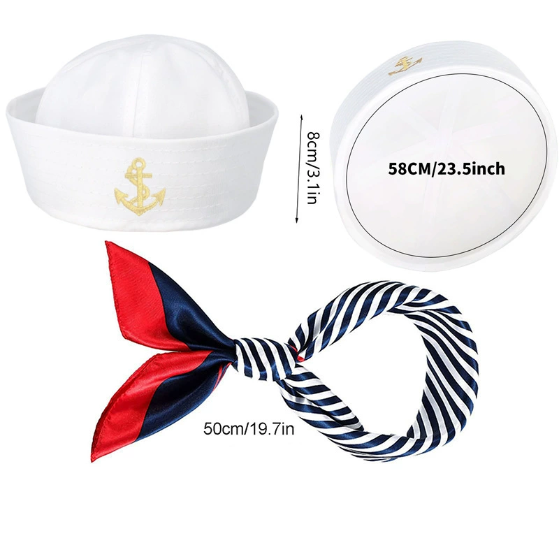 Sailor cosplay set — hat and navy scarf, sizes 56/58/adjustable, hat & accessory options