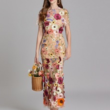 欧美2024夏新品法式重工立体花朵网纱刺绣收腰修身显瘦包臀连衣裙