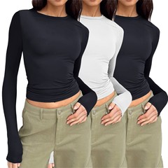 欧米の女装カジュアル長袖春秋純色修身プルオーバーtシャツ女性街着ボトムシャツ上着三点着