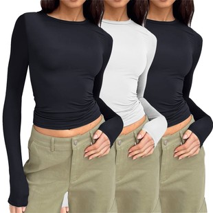 European and American Women's Casual Long-sleeved Spring and Autumn Solid Color Slim-fit Pullover T-shirt Women's Street Base Shirt Top Three-piece Pack