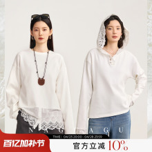 南瓜谷百搭蕾丝T系列~白色圆领蕾丝拼接长袖女/连帽磨毛T恤打底衫