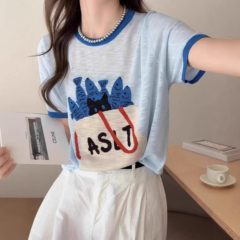 Blue Cartoon Thin Short-Sleeved T-Shirt Korean Style Super Nice Unique Beautiful Top 2025 Summer
