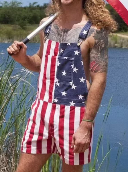 Amazon Wish Independent Site European and American Cross-Border American Independence Day Flag Couple Overalls Trendy Hip-Hop Style