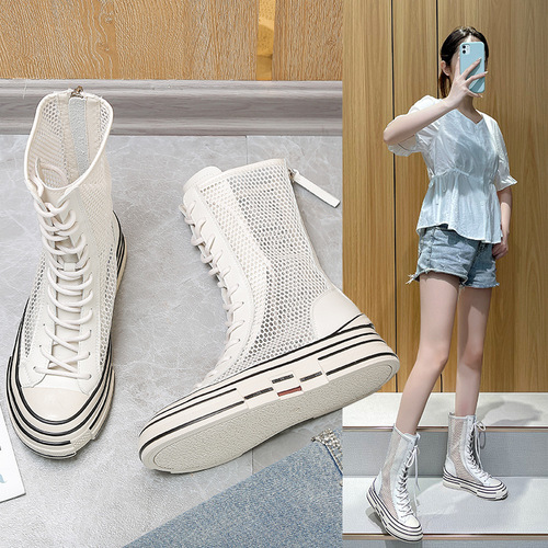 Women's Genuine Leather Mesh Boots  New Summer Thin Mid-Calf Martin Boots Fashionable and Versatile White Hollowed-Out Sandals