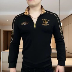 秋の男性の百合の修身刺繍の半ファスナーのpoloシャツのファッションはやせています。