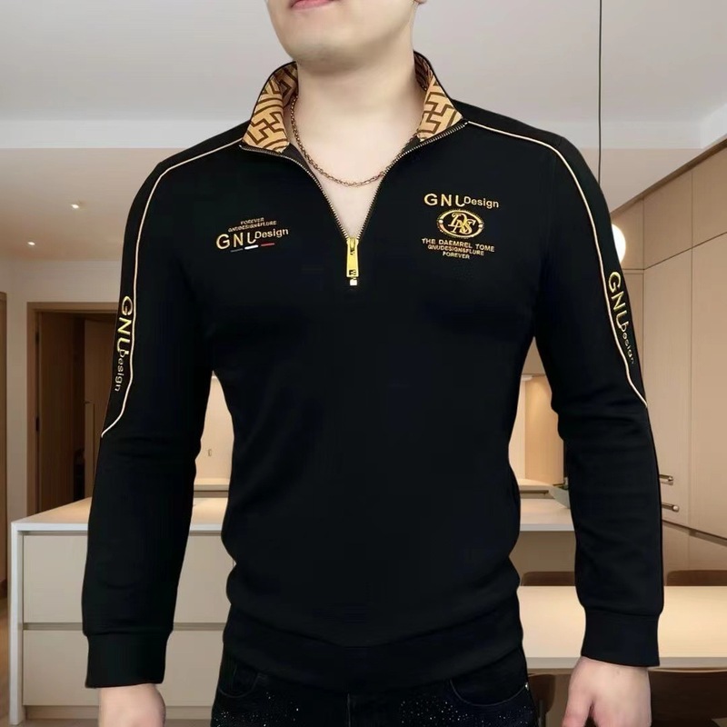 秋の男性の百合の修身刺繍の半ファスナーのpoloシャツのファッションはやせています。|undefined