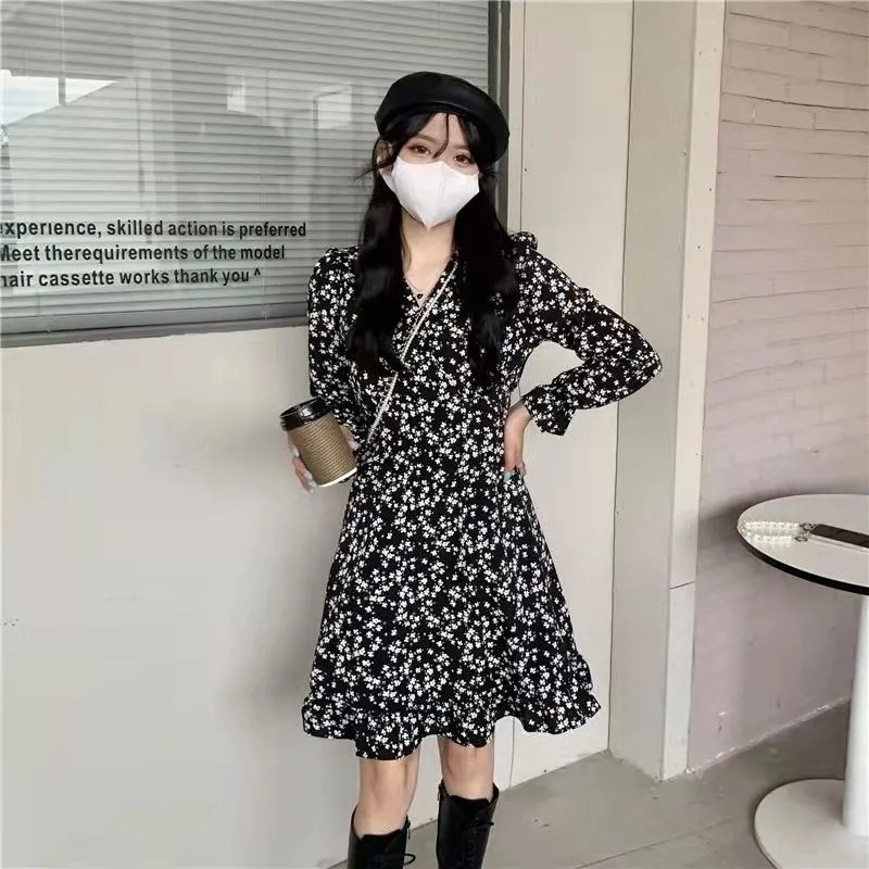 Petite Chiffon Long-Sleeve Floral Dress, Spring and Autumn 2025 New Hot-Selling Women's Clothing, Elegant V-Neck Mid-Length Dress