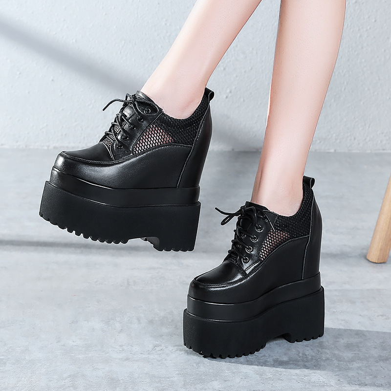 Giày sneaker nữ đế dày tăng chiều cao 16 cm, dây buộc, lưới thoáng khí — màu đen