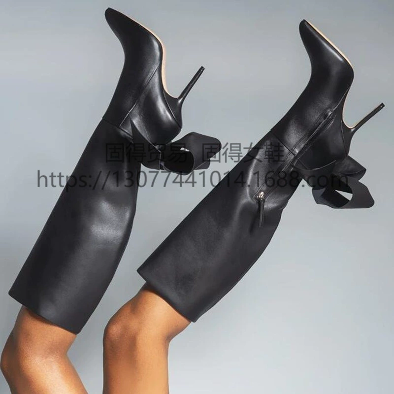 Трансграничные независимые станции ins модные Подиумные узкие сапоги на высоком каблуке с бантом женские уличные съемки с высоким каблуком