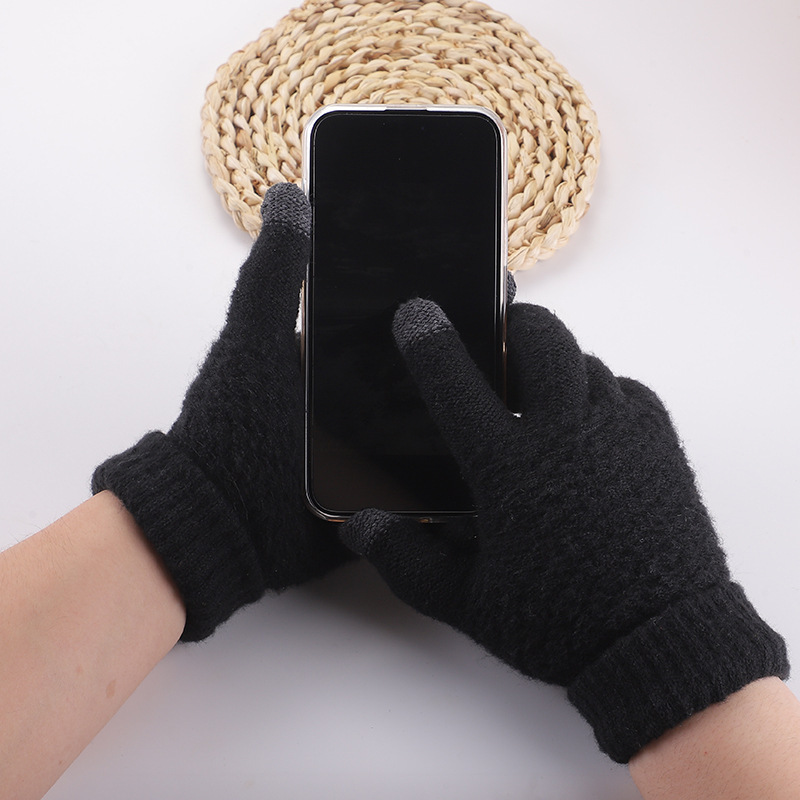 秋と冬のパイナップルスタイル模造カシミヤニット暖かいジャカードプラスベルベット厚みのある豪華な防寒タッチスクリーン手袋|undefined