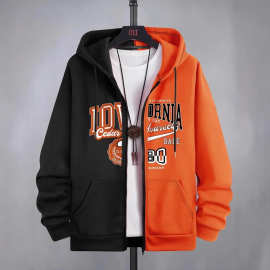 跨境网布面料欧美新款撞色风格长袖开衫男童卫衣3D印花拉链连帽衫