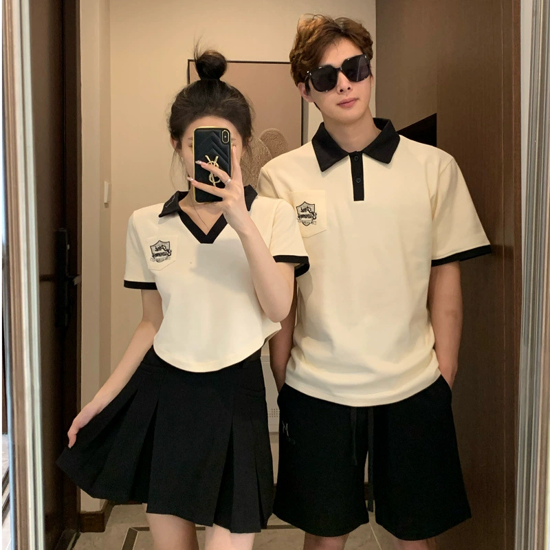 Комплект одежды для пары, футболка с воротником-поло, летняя футболка во французском студенческом стиле, короткий топ с обычными плечами, один длинный, один короткий, модный бренд