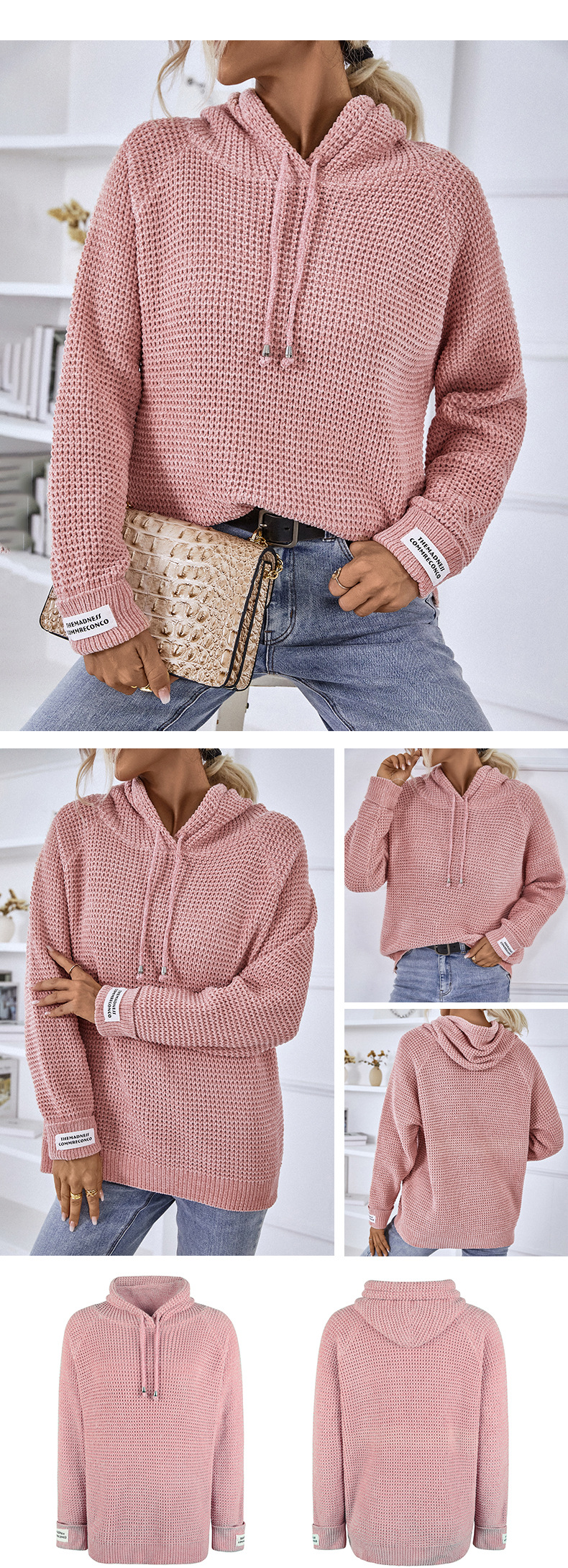 solid color knitted drawstring long sleeve hoodie NSMMY138340