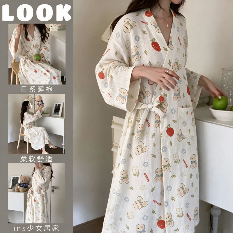 Qiao Mengran [Factory Direct Sale] New Luxurious Women's Robe, Double-Layer Gauze Kimono Bathrobe, Sweet and Comfortable Long-Sleeve Version