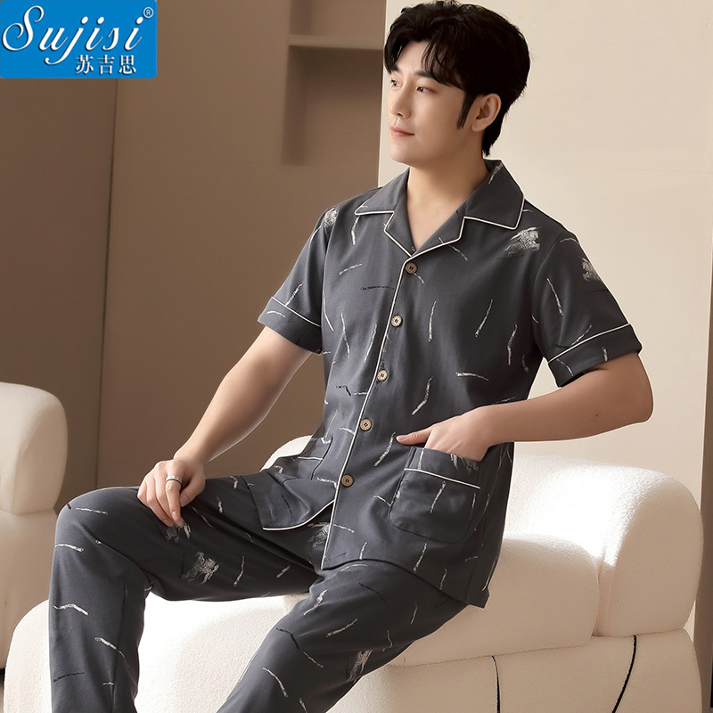 Summer Special Price Men's Cotton Pajamas Short-sleeved Trousers plus size Loose Casual Thin Cardigan Home Clothes suit Men