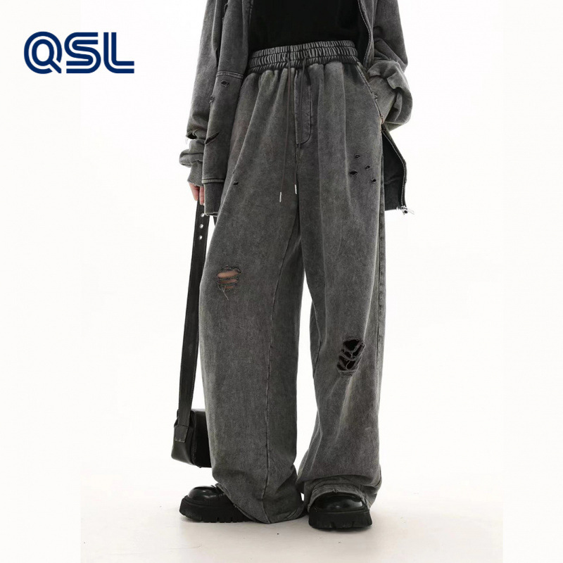 Cross-border autumn and winter new cotton terry ripped pants men's loose sports fitness washed old vintage pants Cross-border autumn and winter new cotton terry ripped pants men's loose sports fitness washed old vintage pants