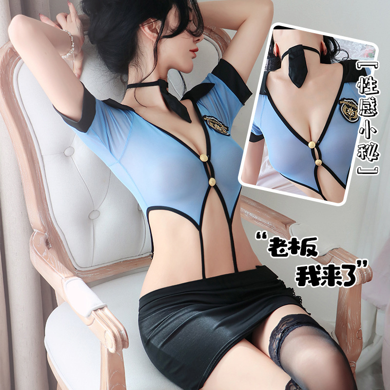 Long night sexy lingerie see-through pure desire hip skirt hot bed passion female police uniform suit female 1914