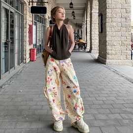 跨境美式涂鸦花卉系列工装裤女夏季新款时尚穿搭慵懒风显瘦阔腿裤