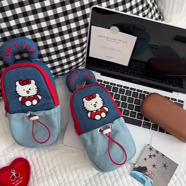 原创卡通猫咪牛仔笔袋ins风高中学生大容量手提文具盒可站立文具|undefined