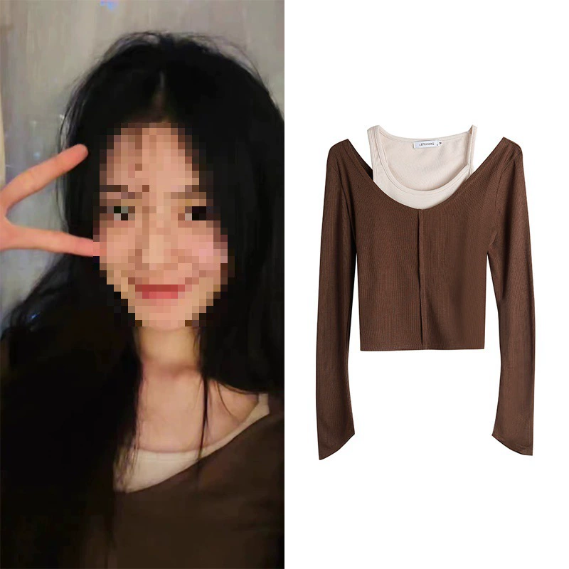 В наличии Liu haocun звезда в том же стиле коричневая с открытыми плечами футболка с длинным рукавом поддельная рубашка из двух частей Нижняя вязаный Топ внутри для женщин