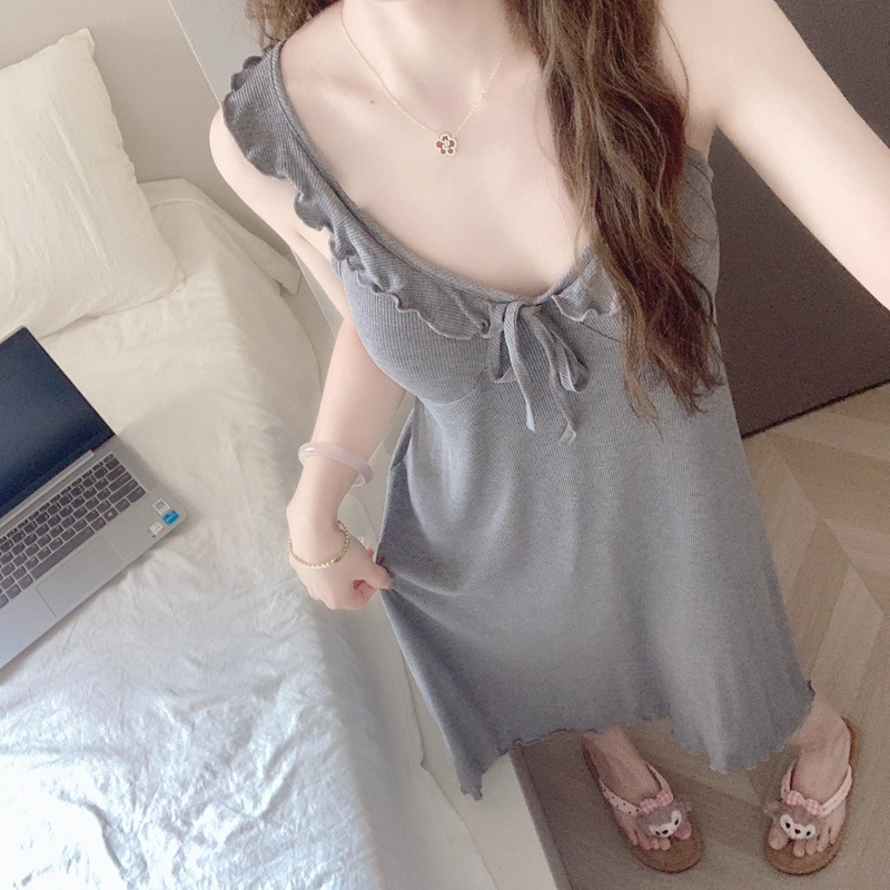 Pure Desire Style Dark Gray Nightgown for Women, Summer Modal Lace Strap Dress, Sexy with Chest Pads, Loungewear Pure Desire Style Dark Gray Nightgown for Women, Summer Modal Lace Strap Dress, Sexy with Chest Pads, Loungewear
