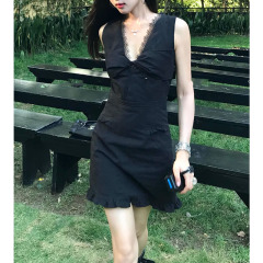 タイムガーデンブラックドレス女性の夏のレース V ネックノースリーブ A ラインショートドレスリトルブラックドレス 2025 新しい婦人服