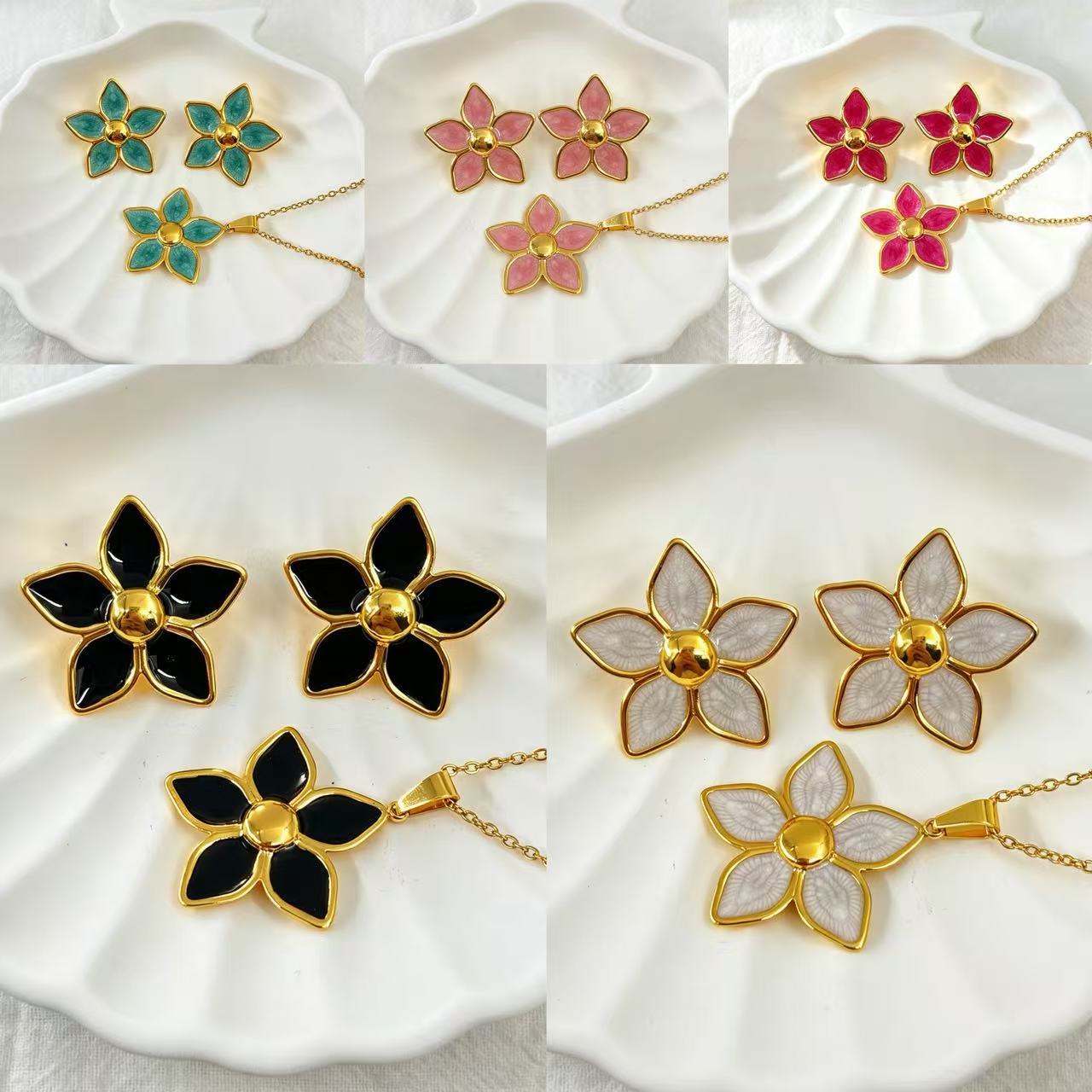 Factory Direct Sales Cross-Border Hot-Selling New Model Oil-Drip Five-Pointed Star Stainless Steel Earrings Gold-Plated Electroplated Elegant High-End Feel for Women