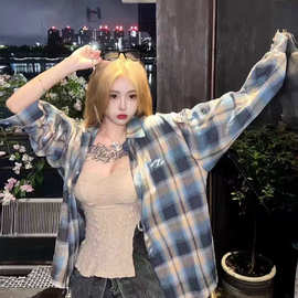 韩系复古格子衬衫女秋季长袖防晒衬衣外套宽松显瘦休闲慵懒风上衣