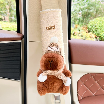 universal car anti-collar protective cover, Seat belt shoulder pad - hat-and-tie-large-capibala-teddy-velvet-shoulder-pad-1-beige