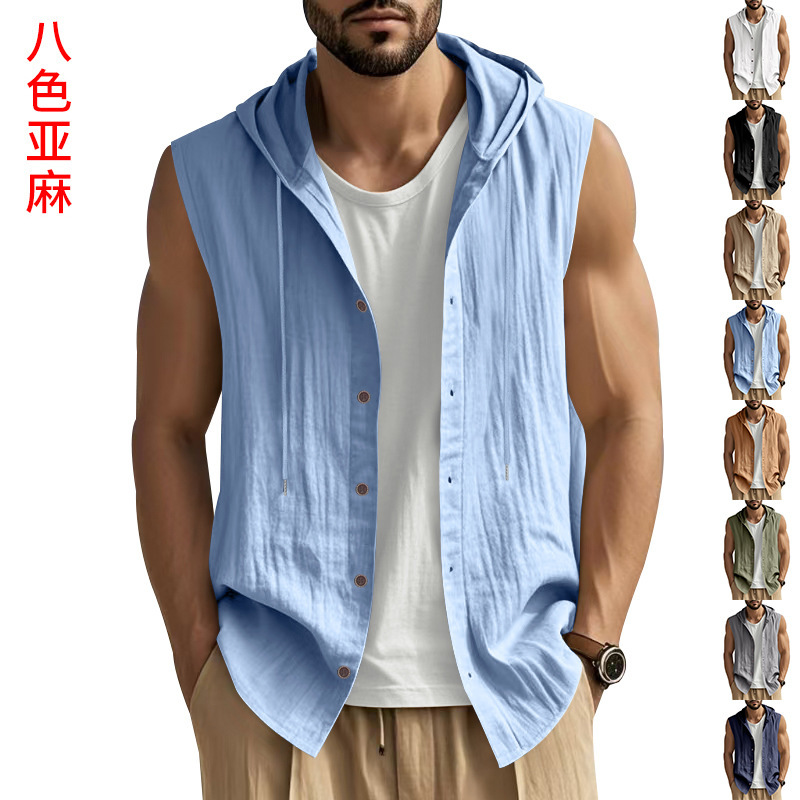 2026 Cross-Border European and American Summer Men's Linen Shirt, Loose Casual Breathable Sleeveless Shirt, Men's Hooded Vest