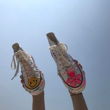 高帮手绘帆布鞋女2025春秋款青年ulzzang板鞋ins鞋百搭爆改潮鞋子