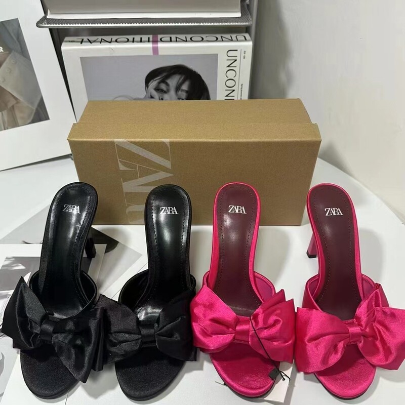 ZA2025 Spain New Women's Shoes Big Bow Fashion All-match High Heel Round Head Rear Empty Thin Heel Slippers
