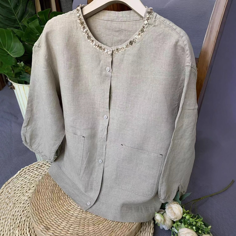 Round Neck Hemp Shirt, Loose and Comfortable Shirt, Artistic Retro Versatile Top, Long-Sleeved Commuter Cardigan, Mother's Wear Round Neck Hemp Shirt, Loose and Comfortable Shirt, Artistic Retro Versatile Top, Long-Sleeved Commuter Cardigan, Mother's Wear