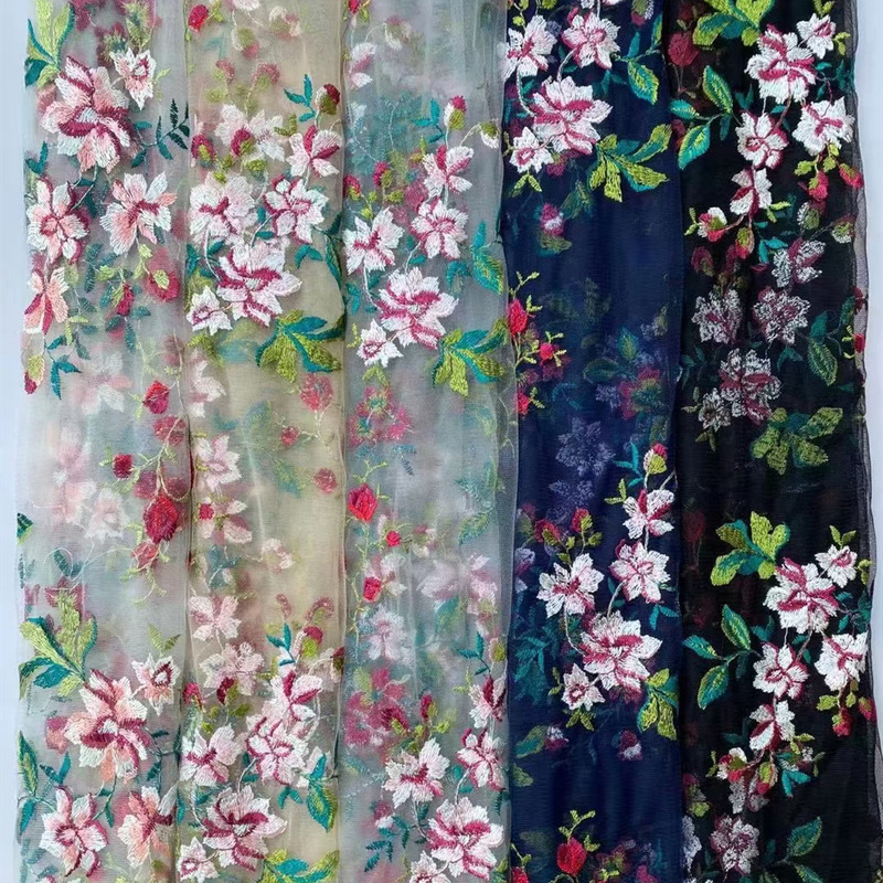 2022 New Style Mesh Hanfu Encrypted Embroidered Fabric Cross-border Chinese Style Women's Cheongsam Lace Embroidered Fabric
