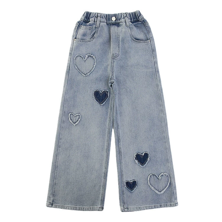 Girls Denim Wide-Leg Pants, Heart Patch & Frayed Hem, Elastic Waist — Spring/Autumn