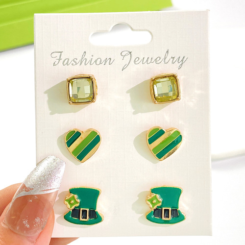 Cross-border new style St. Patrick's Day Irish shamrock Hat Alloy Droplet Oil Three Piece Earring Set Decoration 
