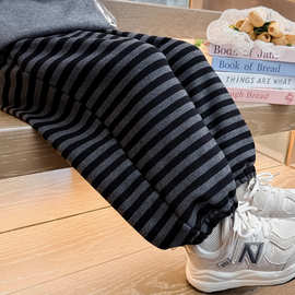 儿童一体加绒裤子秋冬装男童洋气条纹休闲卫裤女童纯棉柔软运动裤