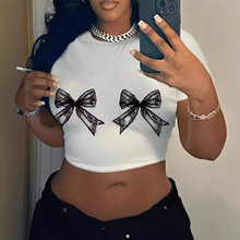 欧美休闲简约圆领蕾丝蝴蝶结印花短袖紧身短款上衣适合夏季女装