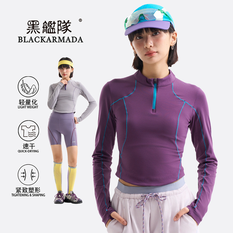 Black Fleet Outdoor Running Quick-Dry Long-Sleeve Spring and Autumn Spicy Girl Training Outfit Tight-Fitting Short Half-Zip Top