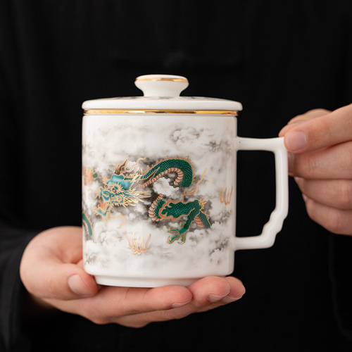 Ceramic office water cup set with lid, filtered tea, separated tea can, company business companion gift, printed logo