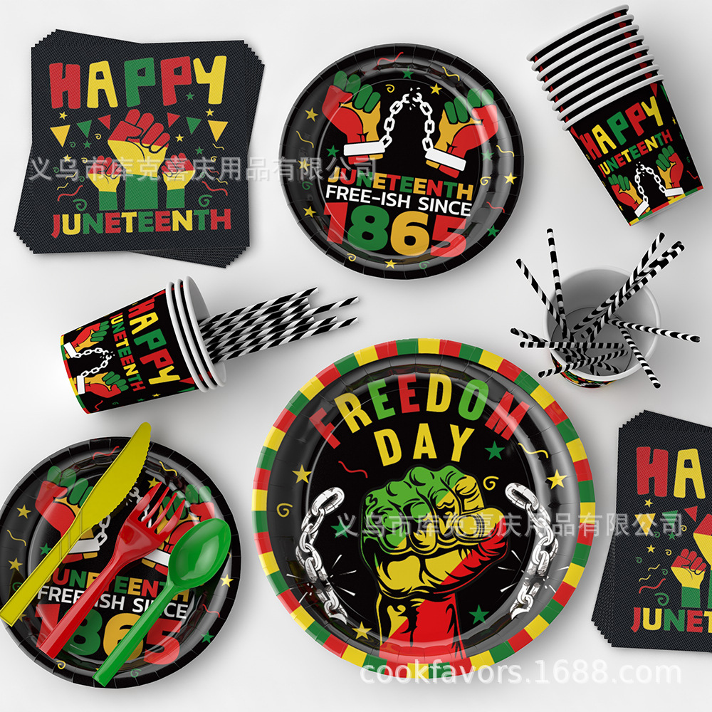 Transfronterizo negro día de la independencia decoración de fiesta juneteenth mes histórico bandeja de papel desechable taza de papel set de globos