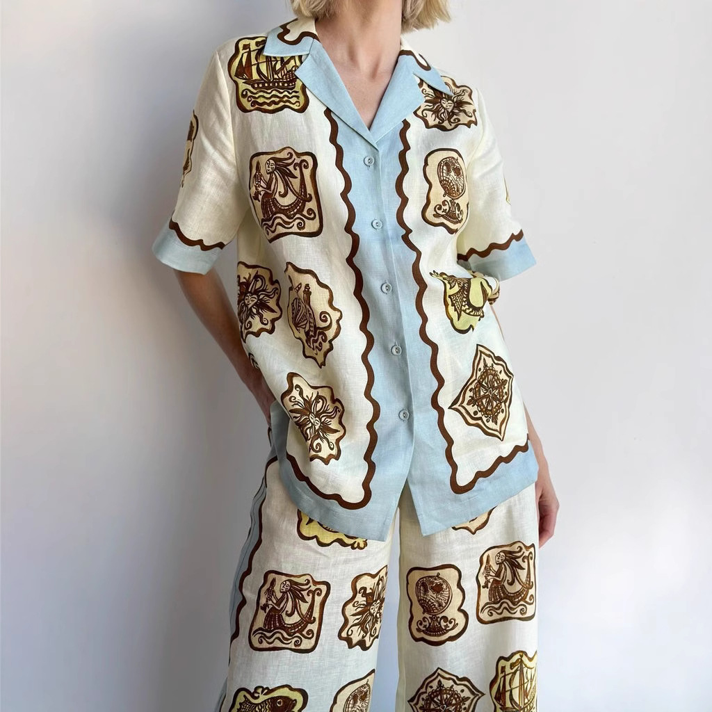 European American Cross-border 2024 New And Casual Fashion Versatile Linen With Suit Collar Shirt Set_ecoleips.com