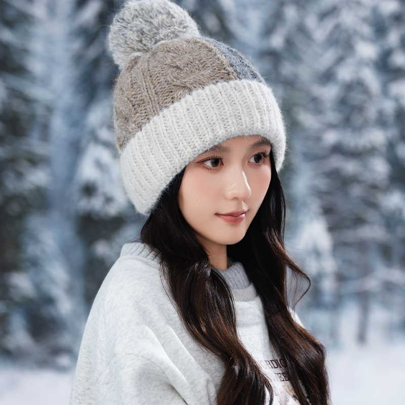 Fashion Versatile Color Block Pom Knitted Autumn Winter Outdoor Fleece Lined Thickened Warm Artistic Retro Pullover Hat_voghion.com