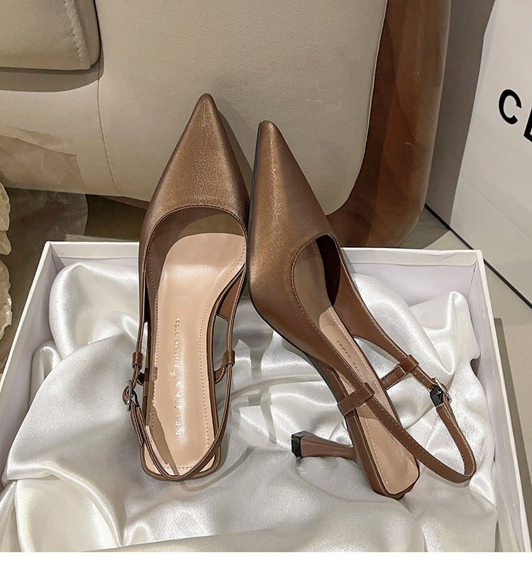 Giày sandal nữ bít mũi mũi nhọn gót mảnh quai ngang, gót 6–8 cm — Màu nâu, Màu trắng be, Màu vàng nhạt chi tiết 16