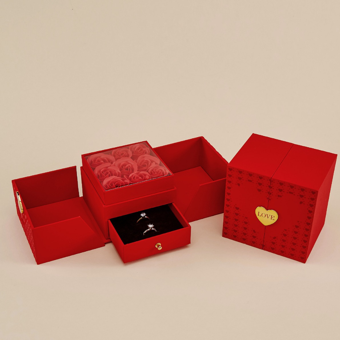 Caja de regalo de rosas 520 del Día de San Valentín chino, caja de regalo cuadrada de doble apertura con nueve flores, par de pendientes, anillo, colgante, pulsera, cadena