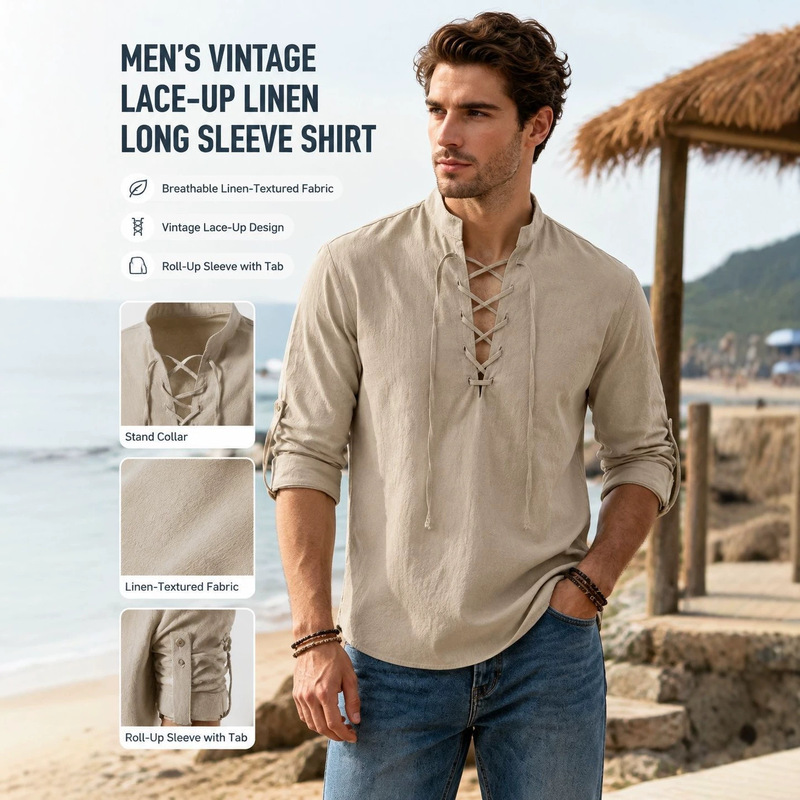 Amazon's new men's cotton-linen 70s long-sleeve hippie casual beach stand-up collar shirt, European size, cross-border bestseller Amazon's new men's cotton-linen 70s long-sleeve hippie casual beach stand-up collar shirt, European size, cross-border bestseller