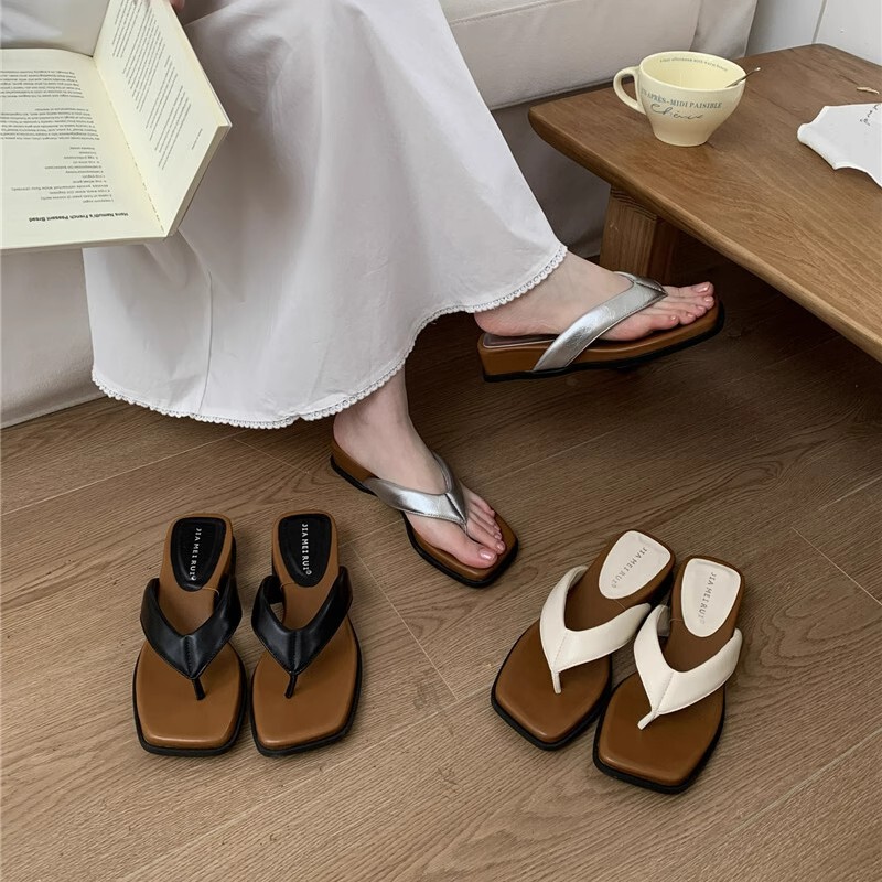 French Niche Clip Toe Chunky Heel Low Heel Sandals with Square Heel and Shit Feeling Good-looking Sandals and Slippers Women's Summer Outwear Fashion