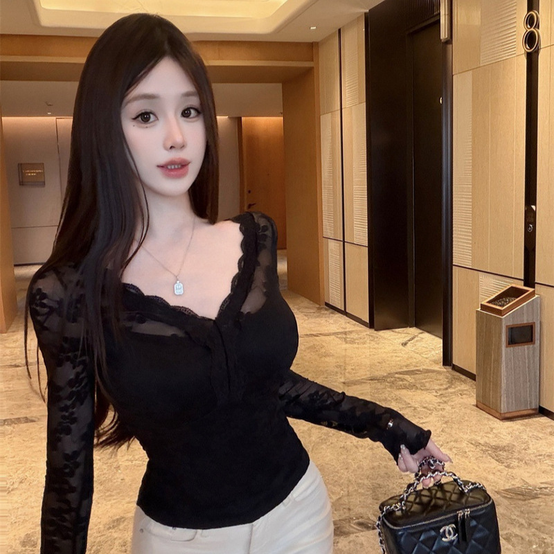 5276 # Summer new style hot girl style V-neck lace trim long-sleeve T-shirt for women, slim fit with built-in chest pads