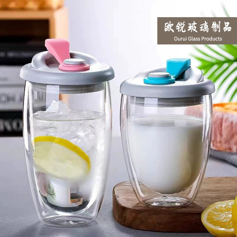 Taza de huevo de vidrio transparente con tapa taza portátil taza de café de leche de doble capa con tapa taza de bebida de jugo de vidrio