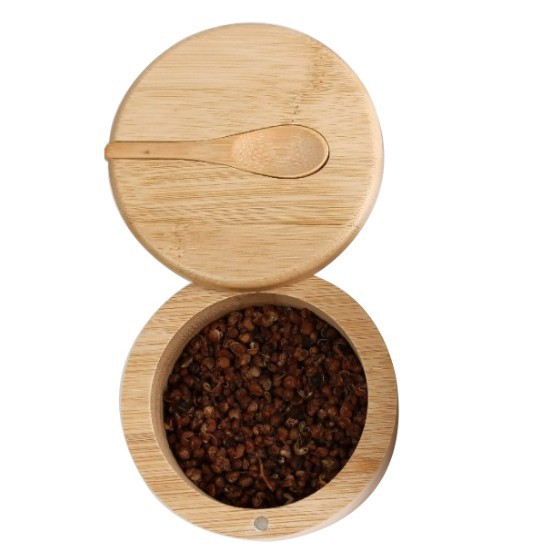 Tarro de sal de bambú transfronterizo suministros de cocina Tarro de condimento de bambú con cuchara Caja de condimento de bambú en stock Estante de especias